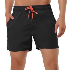 Men's Summer Beach Solid Color Mesh Lining Drawstring Waist Swim Shorts Black